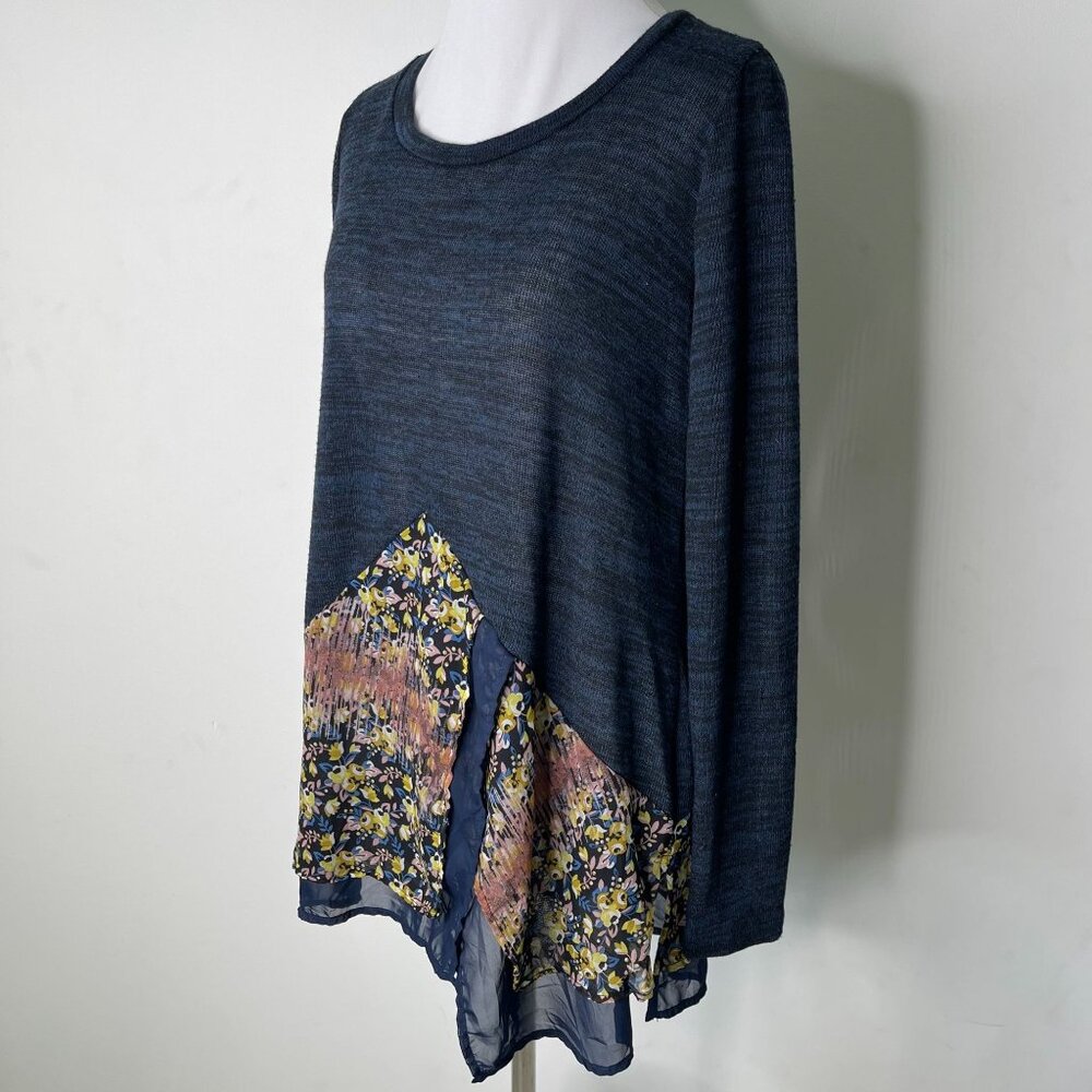 Poeme Women's Navy Blue Floral Long Sleeve Crewneck Blouse Size Medium - Picture 3 of 11